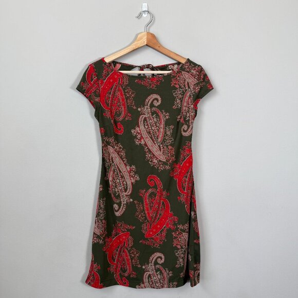 Vintage BCBG Paisley Open Back Mini Dress Women's Medium Green Red Y2K Party - Picture 2 of 11